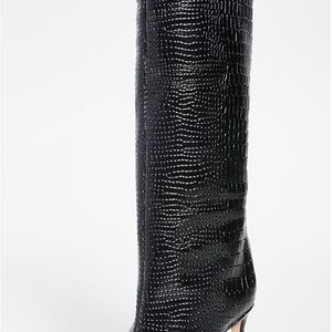 Black Croc-Embossed Knee-High Boots
